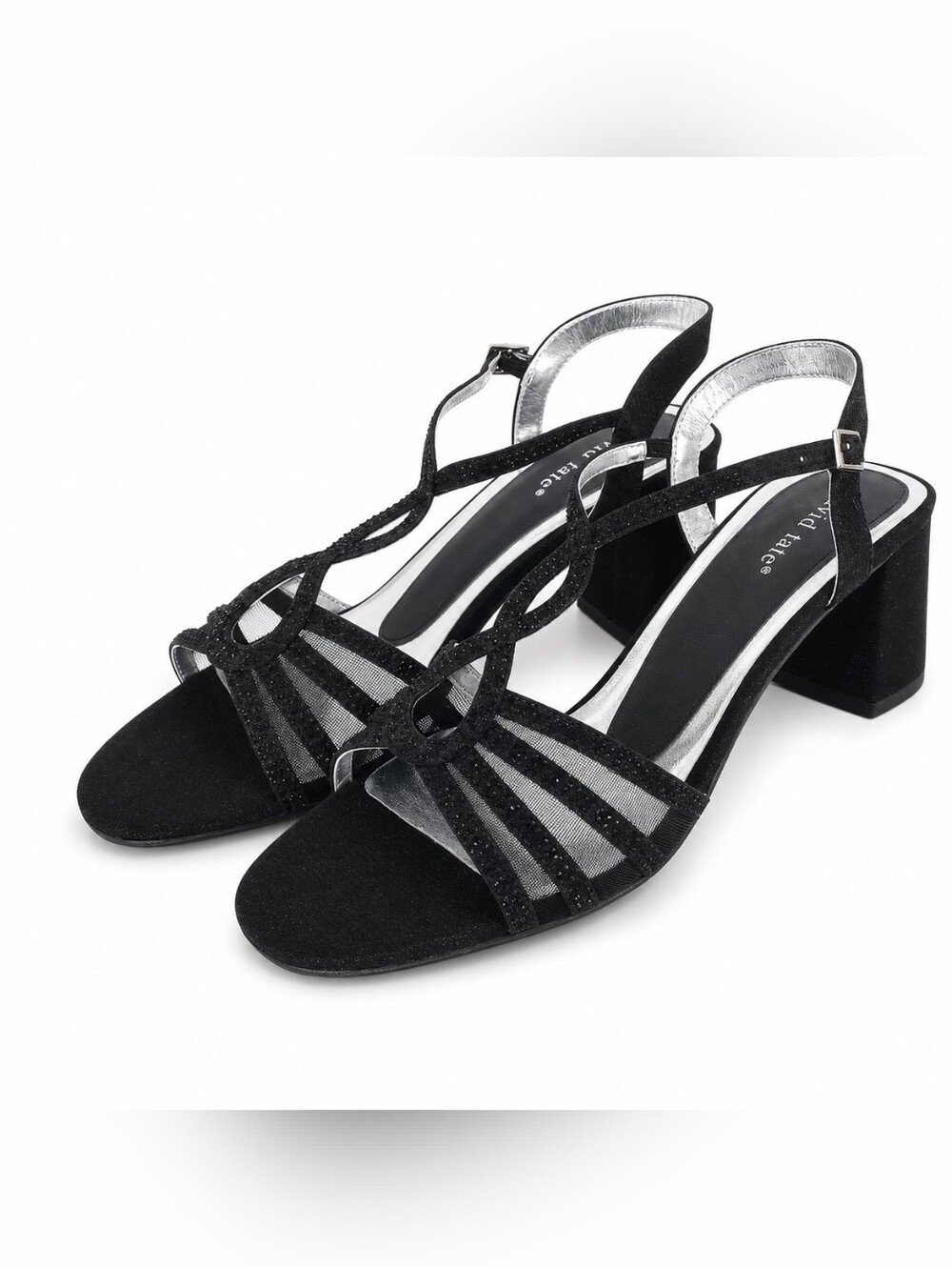 NEW David Tate Black Glitter Fabric Strappy Block Heels Women's Size 10W